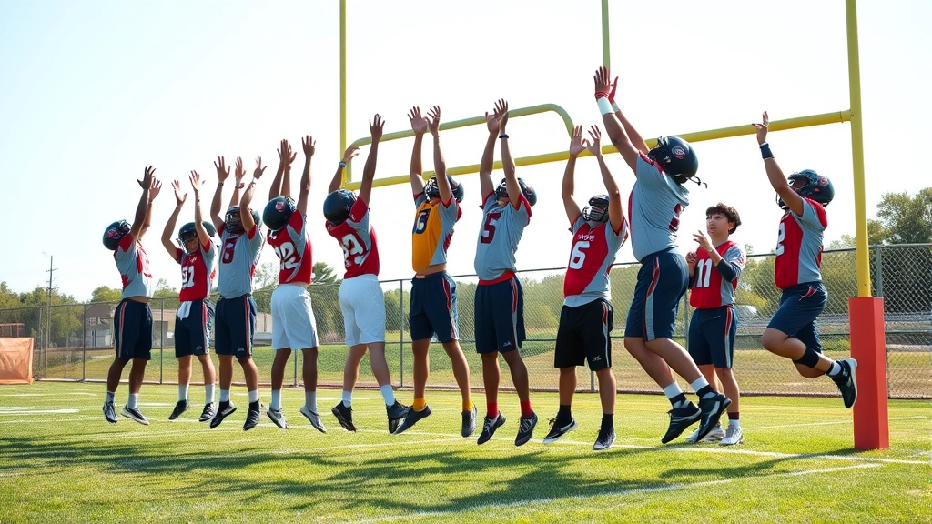 High school football team doing synchronized vertical jump drills near goal post, multiple athletes reaching upward in athletic stance, natural daylight, grass field background, showing group training intensity