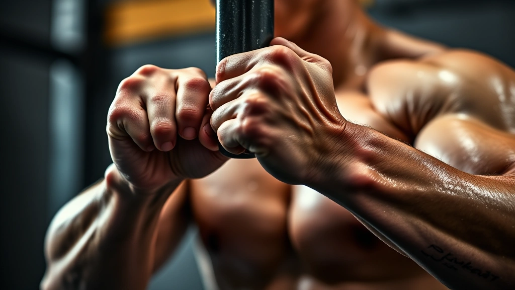 Close-up of athlete's hands gripping goal post bar with visible grip strength, sweat glistening, muscular forearms and shoulders, mid-pull-up position, motivational athletic imagery