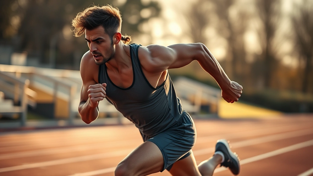 Athlete running at high intensity on outdoor track with morning sunlight, showing explosive power and athletic form, sweat visible, determined expression, professional sports photography style