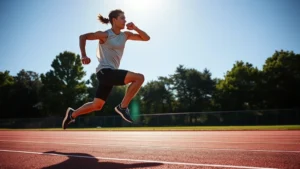 Athletic person performing explosive sprinting on track in bright sunlight, maximum intensity effort with powerful leg drive and dynamic motion, professional fitness photography