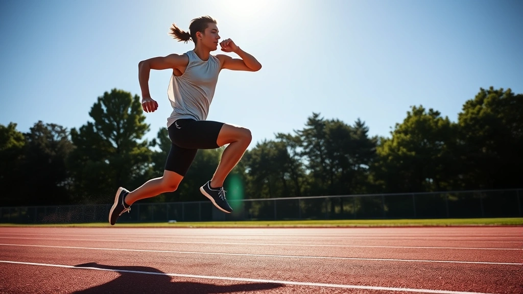 Athletic person performing explosive sprinting on track in bright sunlight, maximum intensity effort with powerful leg drive and dynamic motion, professional fitness photography
