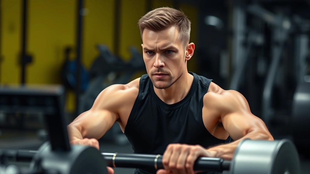 Fit individual doing intense rowing machine workout with focused expression and muscular engagement, sweat visible, high-intensity training environment with gym background