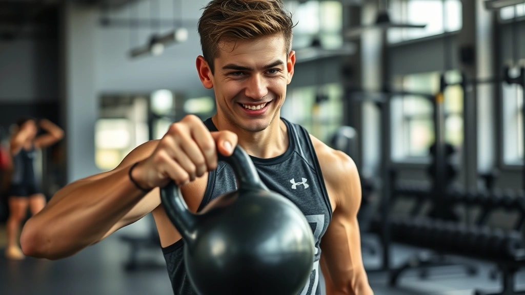 Young athlete finishing intense kettlebell workout with satisfied exhaustion expression, athletic wear, modern gym setting with natural lighting, strength and conditioning focus