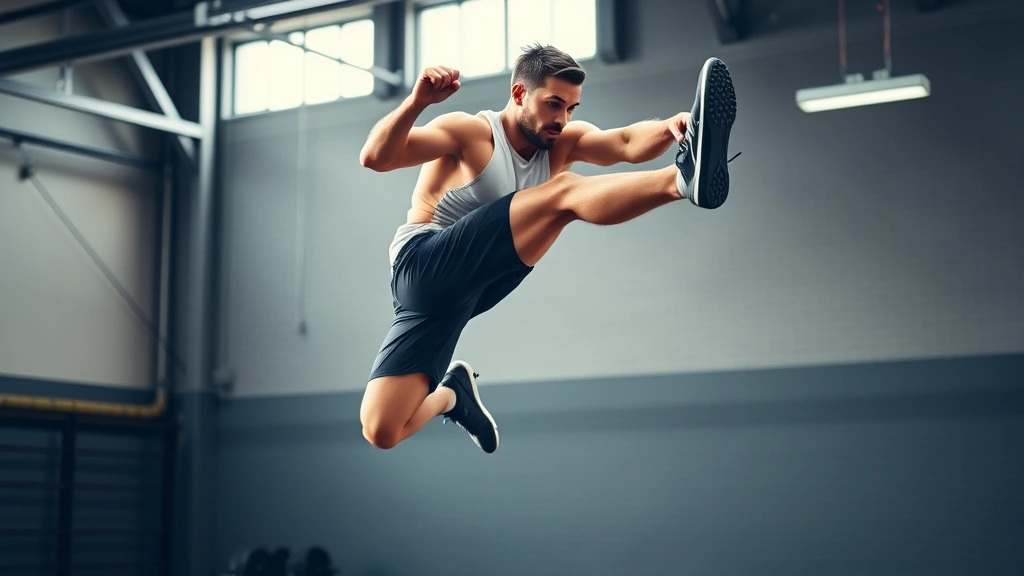 Athletic male football player performing explosive box jump in modern gym, wearing athletic gear, mid-jump with powerful leg drive, bright natural lighting, focused expression