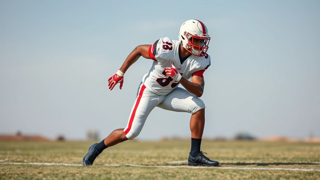 Athletic football player in full uniform performing explosive acceleration sprint from three-point stance on grass field with clear sky background, demonstrating powerful forward lean and drive-through mechanics