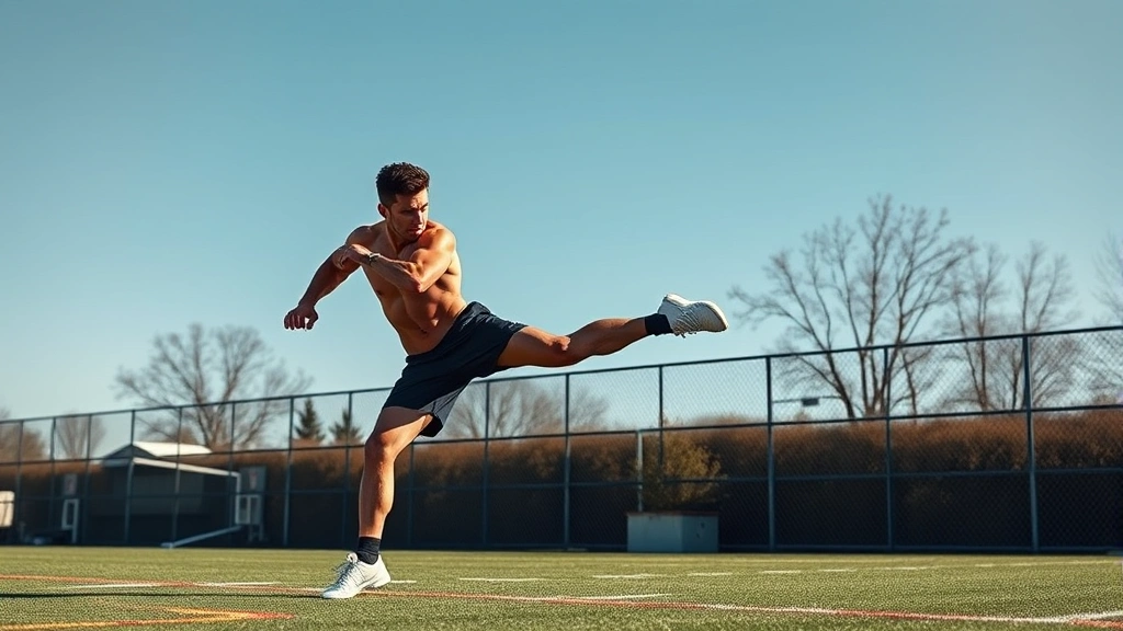 Muscular athlete executing single-leg bound across training field in daylight, showcasing dynamic explosive movement with bent knee landing position and focused athletic form