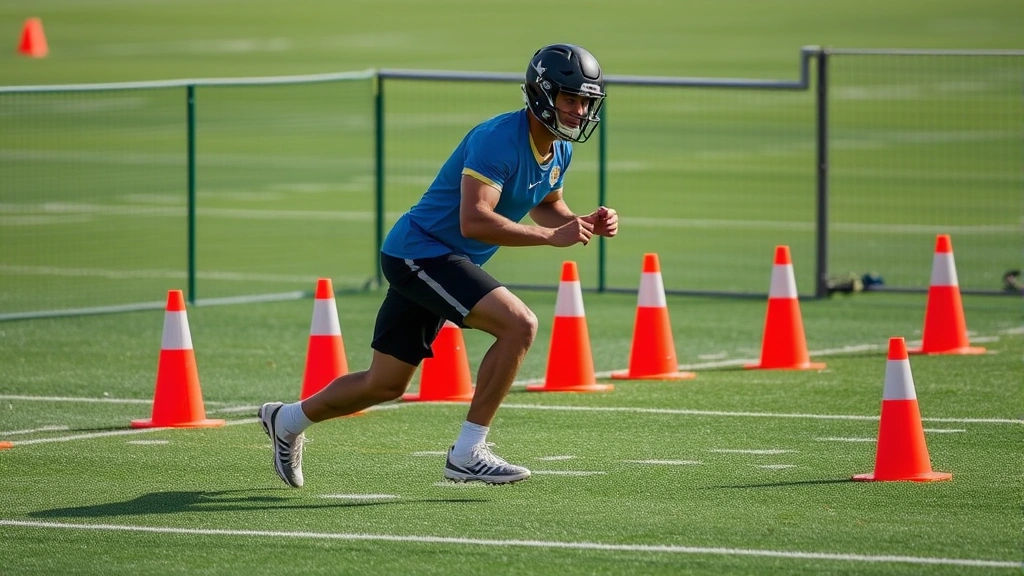 Football player performing lateral cone drill with professional agility cones, demonstrating sharp directional change and deceleration mechanics during high-intensity training session