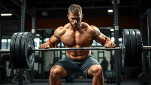 Muscular athlete performing heavy barbell squat with explosive power and perfect form in professional gym setting with intense focus