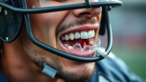 Professional athlete wearing custom-fitted transparent mouthguard during intense football practice, close-up of mouth area showing proper fit and positioning, photorealistic high-definition