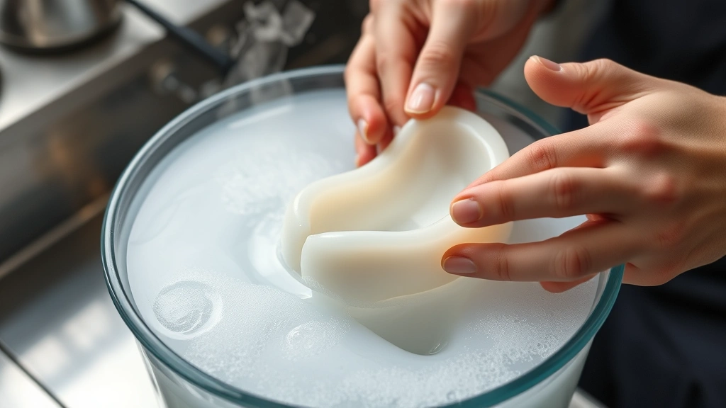 Boil-and-bite mouthpiece being molded in hot water with thermoplastic material softening, showing the customization process with steam rising, hands carefully handling the guard