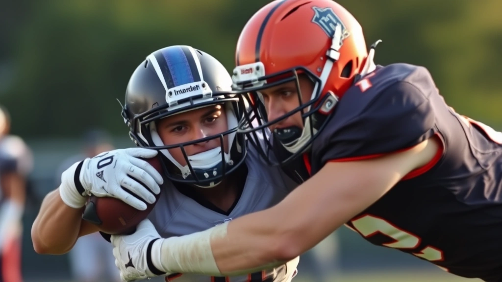 Football player in full uniform executing aggressive tackle with proper protective gear, emphasizing confidence and intensity while wearing quality mouthguard protection