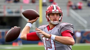 Professional quarterback throwing football during practice, intense focus on ball placement, stadium background, athletic wear, dynamic throwing motion captured mid-release