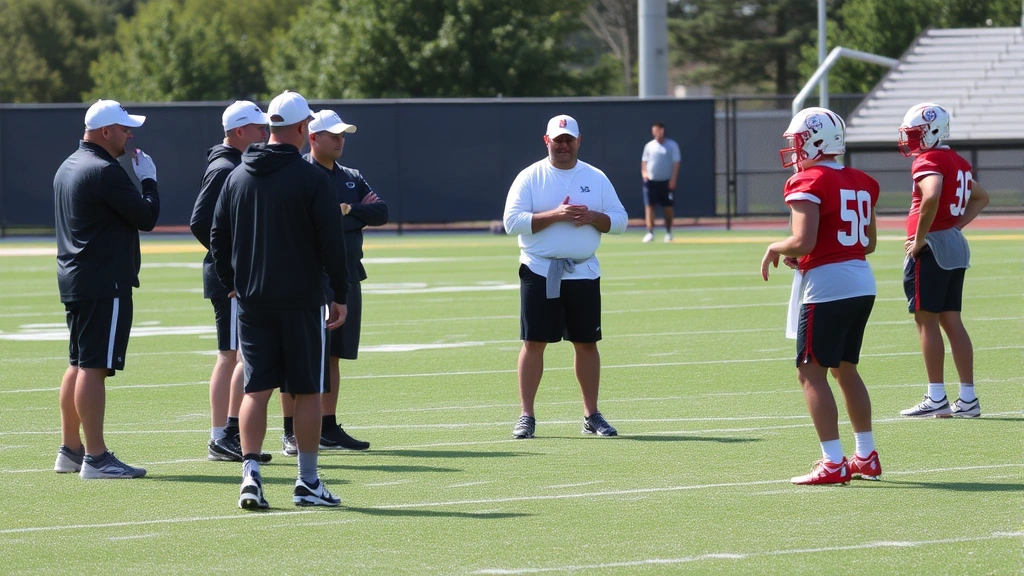 Coaching staff reviewing passing concepts on field, coaches demonstrating receiver techniques, players observing instruction, professional training environment, clear daytime conditions
