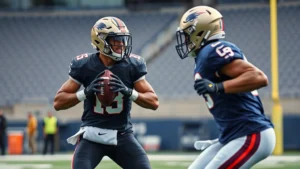 Professional football receiver running precise route against throwing machine in stadium with perfect form and focus during training session