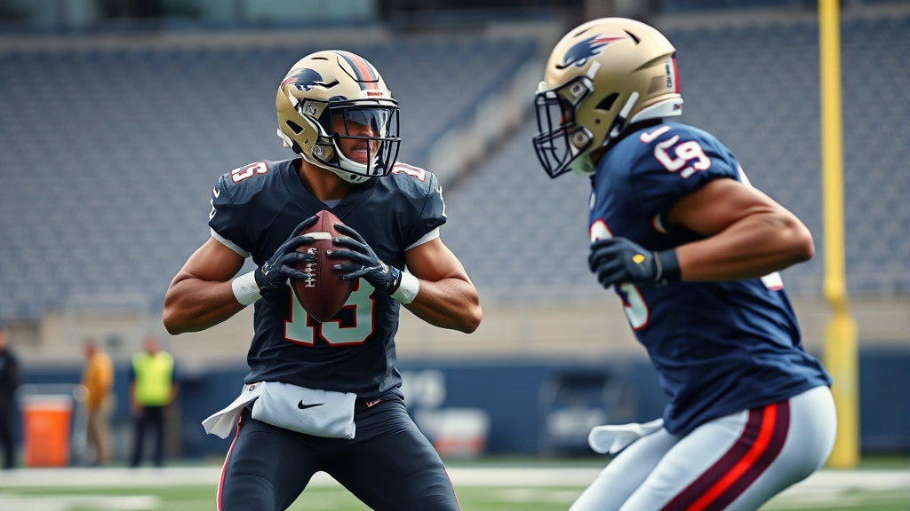Professional football receiver running precise route against throwing machine in stadium with perfect form and focus during training session