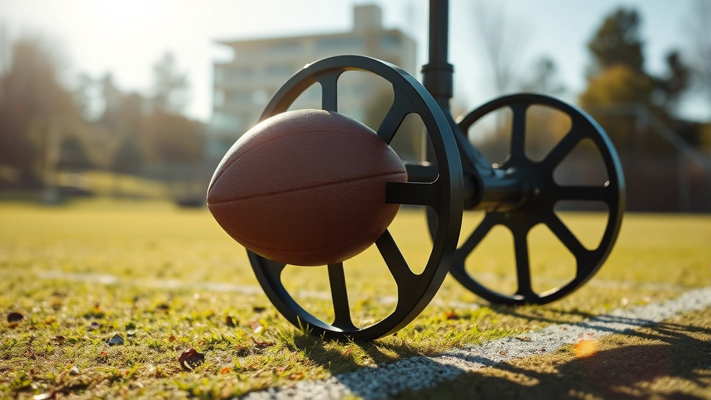 Close-up of advanced dual-wheel throwing machine launching football with visible spiral in bright sunlight during outdoor practice