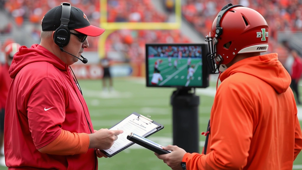 Coach reviewing video footage of receiver catch drills from throwing machine with clipboard and analysis tools on sideline
