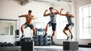 Two athletic brothers performing explosive box jump exercises simultaneously in modern gym with natural light, showcasing synchronized movement and power development