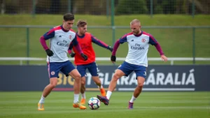 Two professional footballers in matching team kits training together on a grass pitch, executing synchronized defensive drills with intense focus and athletic precision