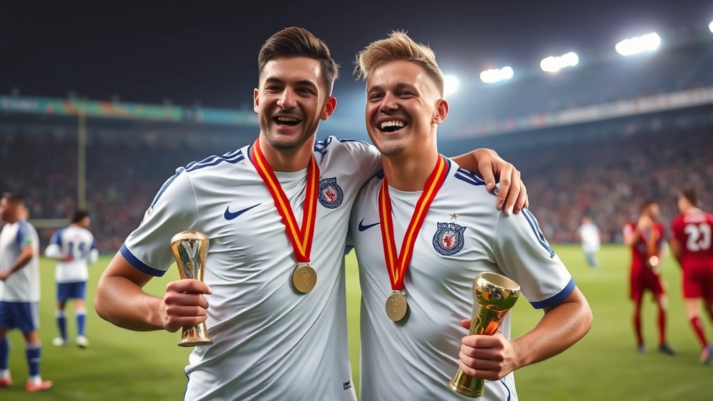 Professional footballer siblings celebrating together on the pitch after victory, showing genuine emotion and brotherhood bond, wearing championship medals and trophies visible