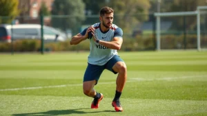 Professional footballer performing explosive single-leg squat on grass training field, demonstrating functional strength and balance, athletic male in training kit, outdoor daylight
