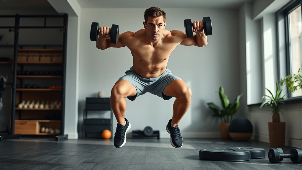 Athletic male performing explosive jump squat in modern home gym with dumbbells visible, showing powerful leg drive and full body extension mid-jump