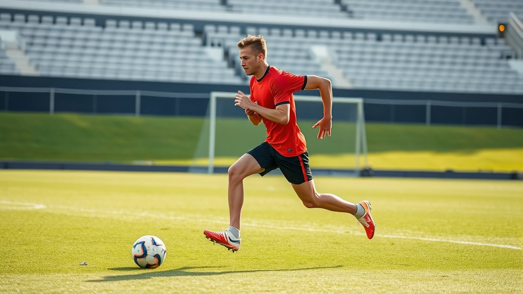 Professional soccer player performing high-intensity sprint interval training on grass field, mid-sprint motion, athletic wear, outdoor stadium setting, dynamic action shot