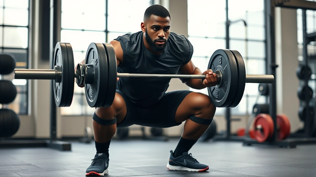 Elite footballer executing powerful squat exercise with barbell in modern gym facility, proper form, focused expression, strength training environment, professional lighting