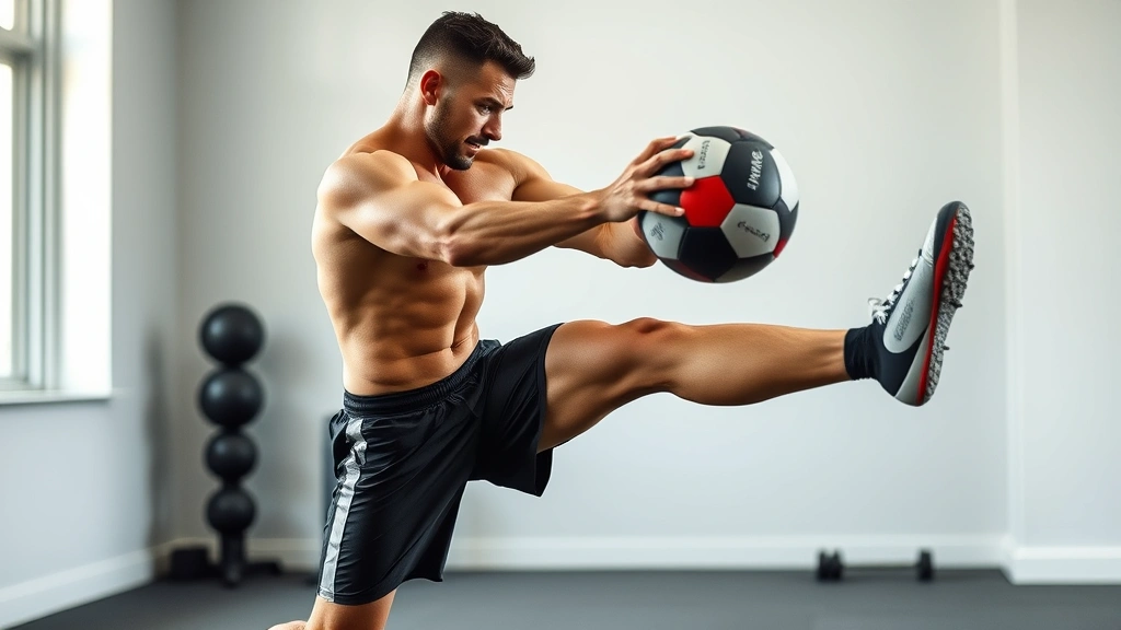 Muscular athlete performing medicine ball rotational slam exercise indoors, showcasing core power and explosive rotational movement for football training