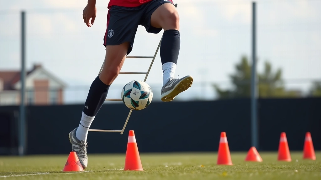 Soccer player performing lateral agility ladder drill with rapid foot placement, concentrated effort, training cones visible, outdoor field, athletic movement demonstration