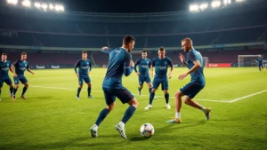 Professional football players in French national team jerseys executing a tactical passing drill on a pristine grass pitch, showing precise technical movement and positioning during a high-intensity training session, dramatic stadium lighting