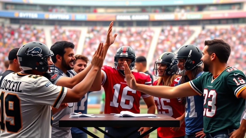 Professional fantasy football league members celebrating with high-fives during draft day, diverse group wearing team jerseys, competitive energy, stadium background, photorealistic, no text or labels