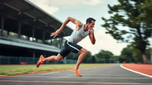 Athletic male sprinter explosively accelerating on outdoor track with blur motion, muscular physique in full sprint form, professional running form