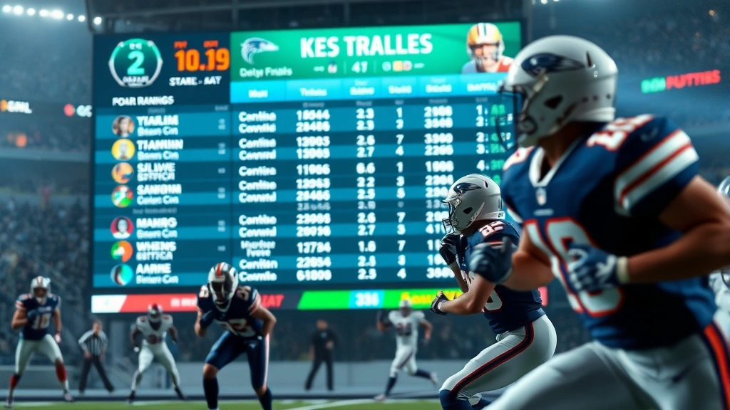 Close-up of fantasy football scoreboard display showing player statistics and rankings, multiple athletes in action poses during game, dynamic competitive atmosphere, photorealistic sports photography
