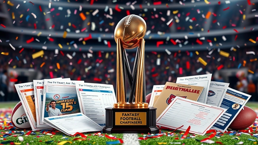 Championship trophy displayed prominently with fantasy football draft materials and team rosters scattered around, celebratory confetti, winner's circle setting, photorealistic sports achievement imagery