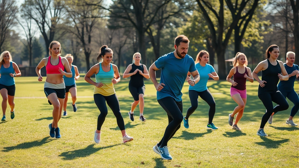 Mixed group of athletes doing interval training circuits outdoors, various fitness levels, dynamic movement, park setting with natural lighting, teamwork energy