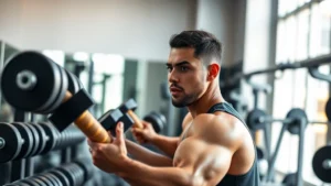 Athletic male student training in modern university weight room with dumbbells and barbells, intense focused expression, bright natural lighting, clean equipment, motivational gym environment