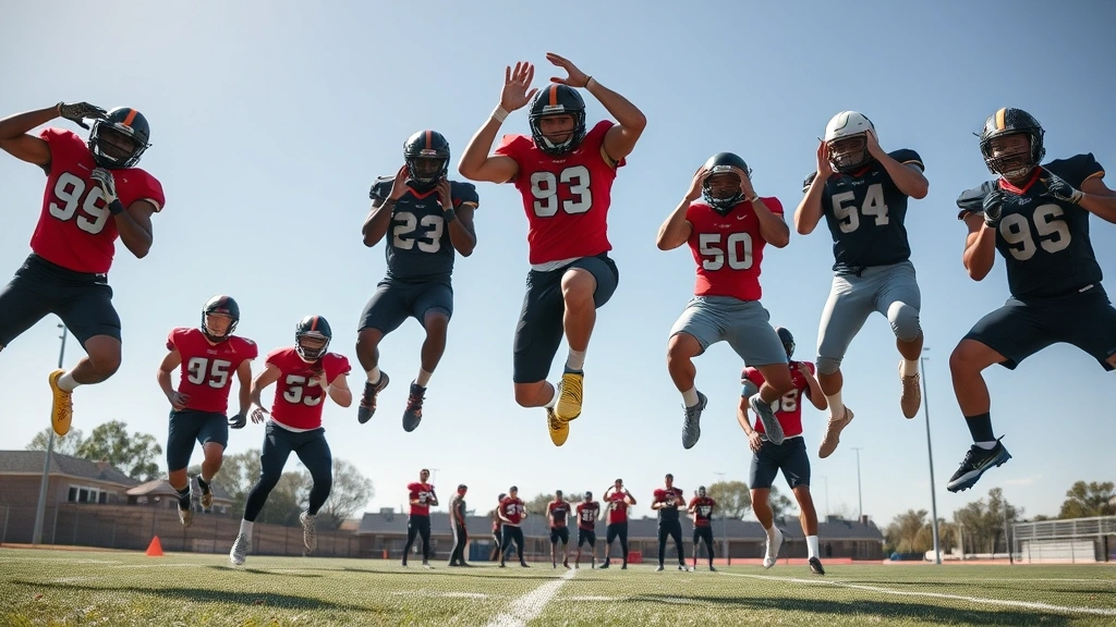 Diverse group of college football players performing explosive plyometric jump exercises outdoors on field, intense effort, clear sky, athletic power and coordination demonstration