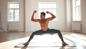 Athlete in warrior pose on yoga mat in bright studio, muscular definition visible, focused expression, sunlight streaming through windows, photorealistic