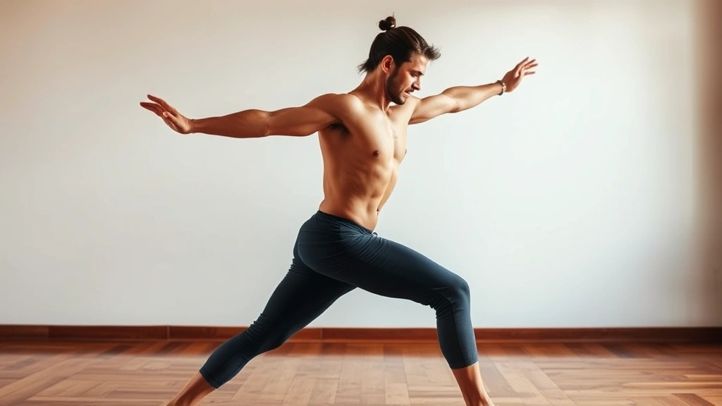 Person flowing through vinyasa sequence with sweat visible, dynamic movement captured mid-transition, powerful athletic build, wooden floor studio, motivational energy