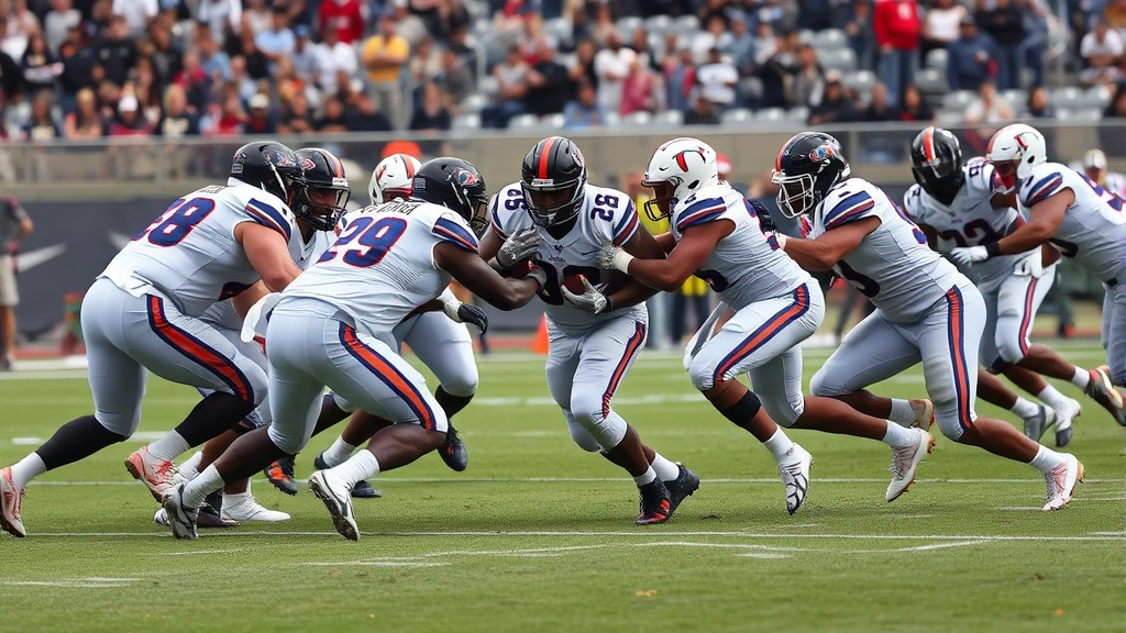 Defensive linemen executing gap control technique with low pad level and aggressive pursuit, multiple defenders converging on ball carrier with textbook form and intensity