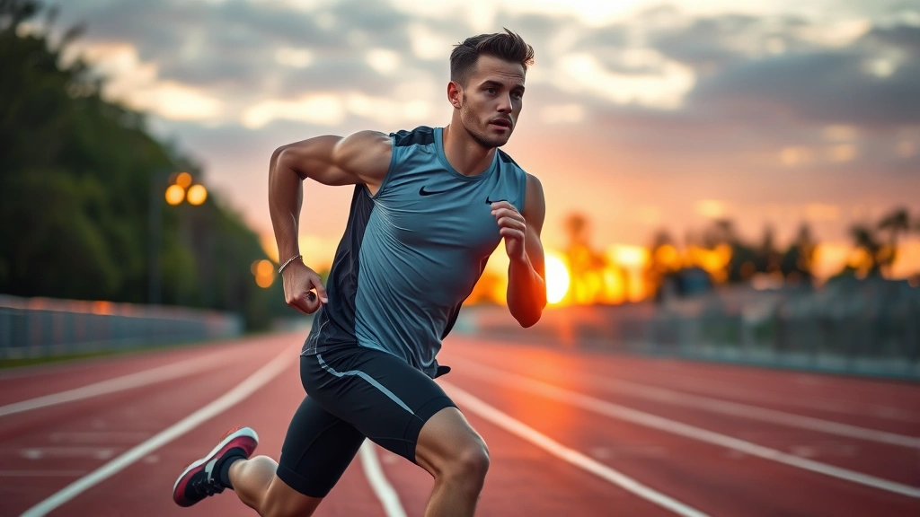 Athletic male runner sprinting on outdoor track at sunset, intense expression, professional athletic wear, dynamic motion captured, photorealistic