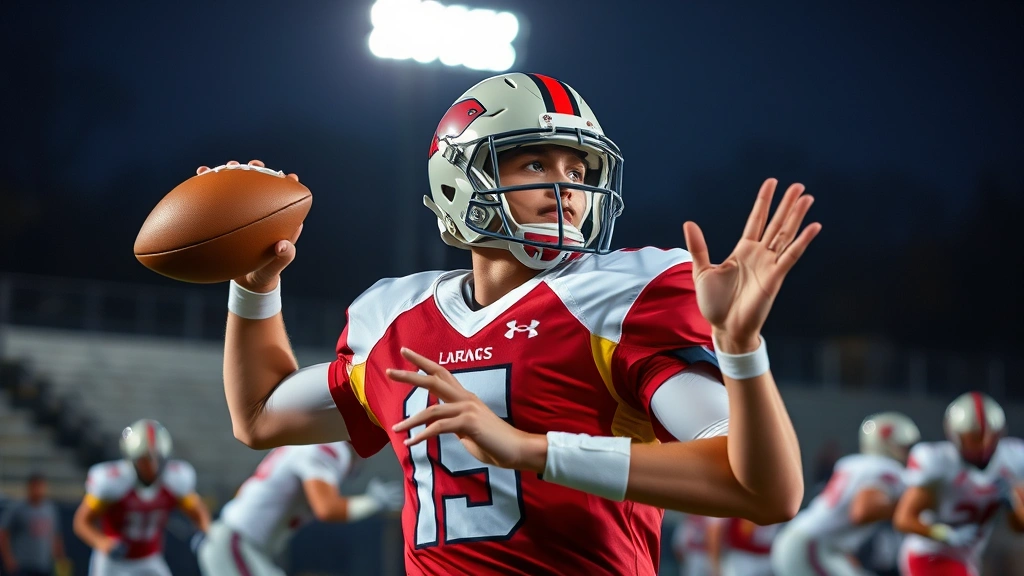 High school football quarterback in mid-throw during night game under stadium lights, focused expression, proper throwing mechanics, defensive pressure visible in background, autumn weather conditions