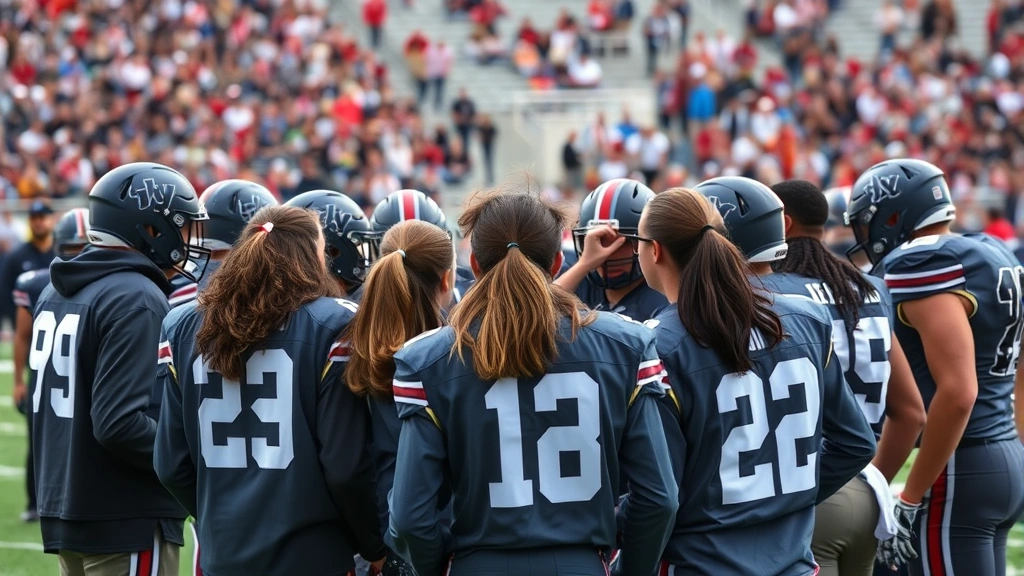 Team of high school football players in huddle during game, coaches directing strategy, intense focus and communication, diverse athlete group, professional stadium setting with crowd blurred