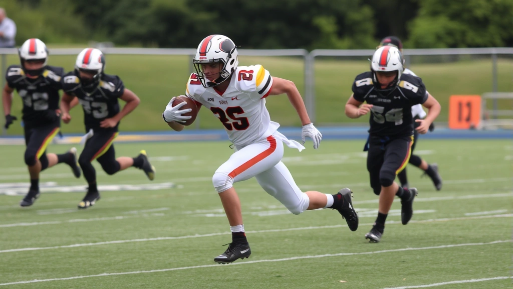 High school football running back evading defenders with explosive lateral movement, athletic prowess in motion, defensive players pursuing, green field conditions, dynamic action photography