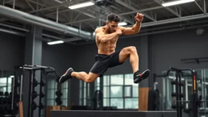 Professional athlete performing explosive box jump in modern fitness facility, dynamic motion capture mid-leap, muscular development evident, focused intensity