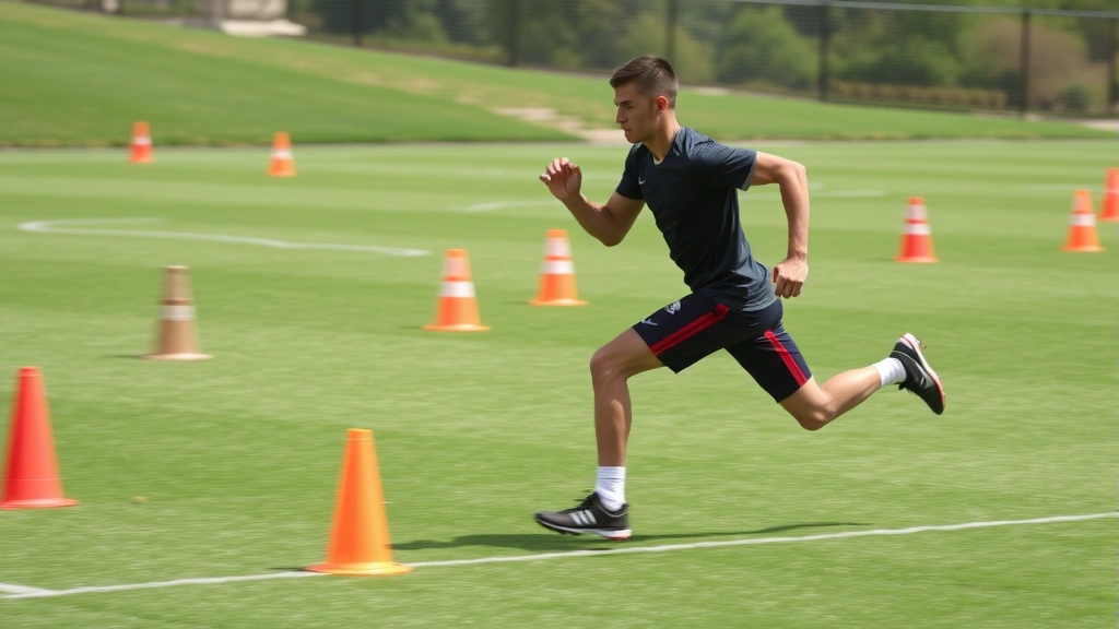 Elite athlete performing lateral agility drill through cone course at high speed, dynamic directional change, athletic footwork, outdoor training environment