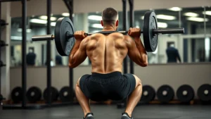 Athletic man performing a deep barbell back squat with perfect form, strong leg position, controlled descent, competitive gym setting with weights visible in background