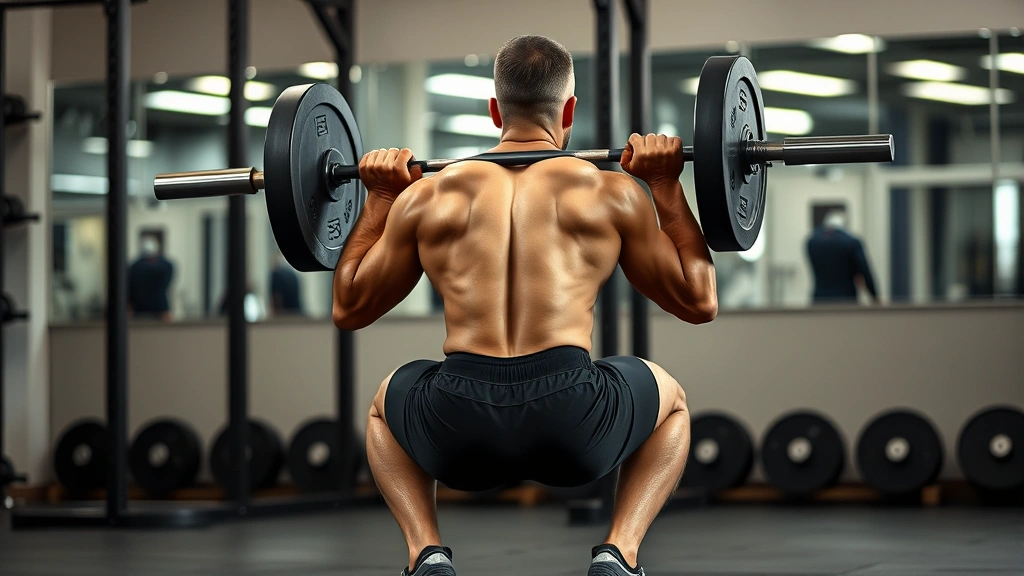 Athletic man performing a deep barbell back squat with perfect form, strong leg position, controlled descent, competitive gym setting with weights visible in background