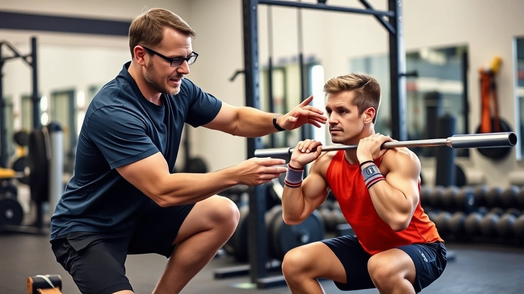 Coach providing hands-on cue adjustment to athlete during squat movement, demonstrating proper coaching technique, athlete concentrating on form, supportive gym environment